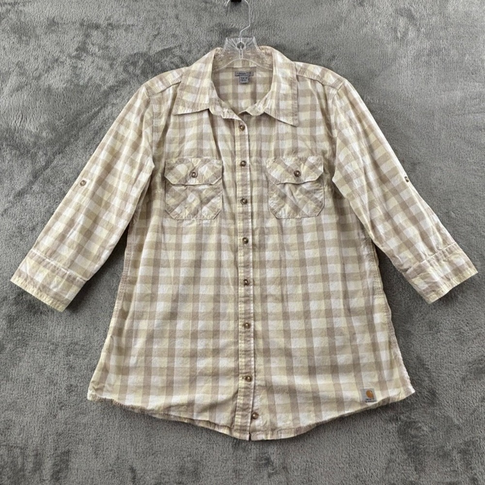 Carhartt Huron Shirt Womens M Lemongrass Check Plaid 3/4 Sleeves Roll Tab Button